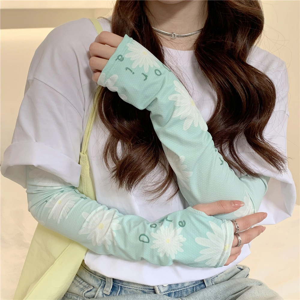 花卉冰袖女款夏季戶外開車防曬手套手袖韓版時尚百搭護臂冰絲袖套