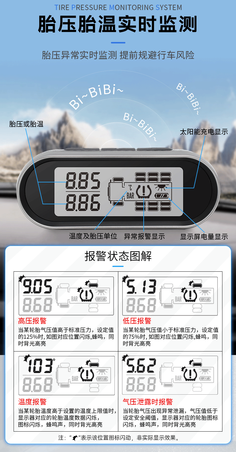 Truck tire pressure monitor external sensor TPMS solar-powered tire pressure monitor high-precision 6-wheel 12-wheel