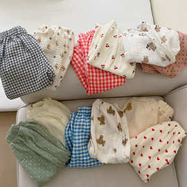 ins儿童防蚊裤夏季男女童双层棉纱布卡通小熊休闲长裤束脚裤ins风