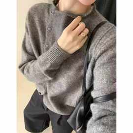 【鱼骨包扣】半高领厚款单排扣小个子慵懒针织开衫女毛衣秋冬新款