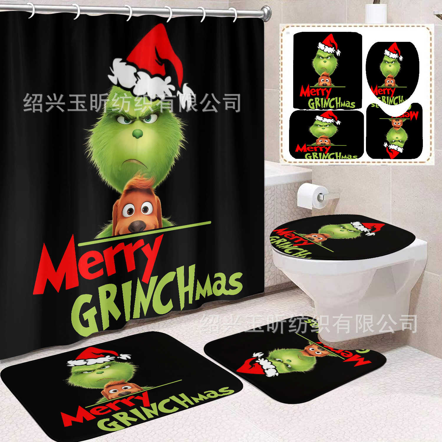 Tela de cortina de ducha transfronteriza, cortina de ducha impermeable, alfombra antideslizante de baño, juego de Grinch 4 de pelo verde al por mayor, sin perforación