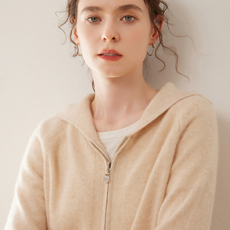 Erdos Hooded Cashmere Cardigan Women's 100 Pure Cashmere Zipper Loose Knitted Base Jacket Wei Yi