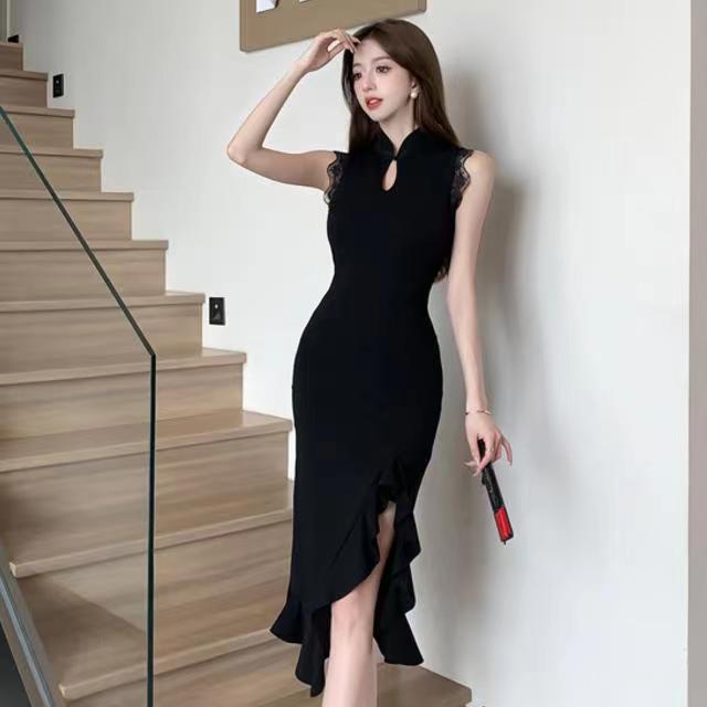 2026 New Chinese Style Youthful Ruffled Slit Water Drop Lace Trim Elegant Sexy Sleeveless Cheongsam Dress