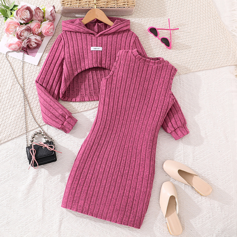 Cross-Border Children's Clothing 2026 Spring New Style Ladylike Ribbed Knit Long-Sleeve Hooded Sweatshirt Fashion Vest Dress