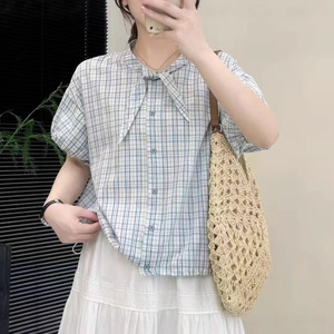 格纹短袖衬衫2025文艺简约系带立领单排扣下摆抽绳百搭休闲上衣女