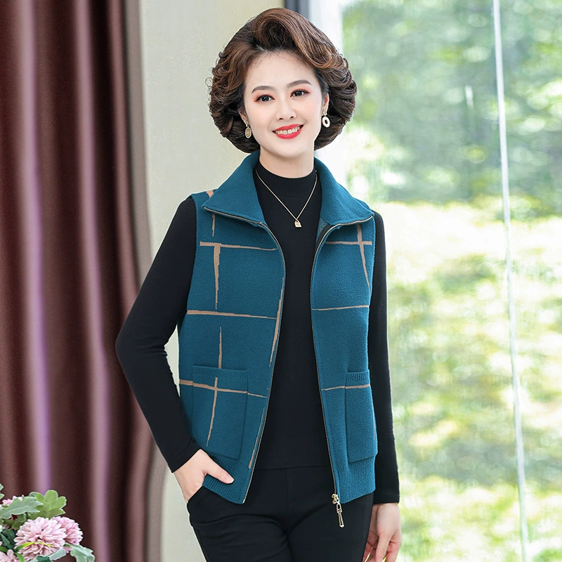 Весенний и Осенний жилет для мам среднего возраста, новое модное шерстяное пальто, клетчатый короткий жилет на молнии, одежда для мамы