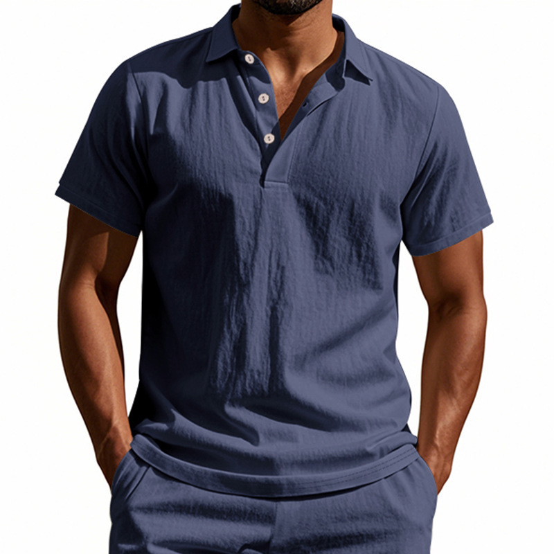 Transfronterizo europeo y americano verano hombres estilo británico tendencia suelta lino transpirable casual solapa hebilla camisa POLO manga corta