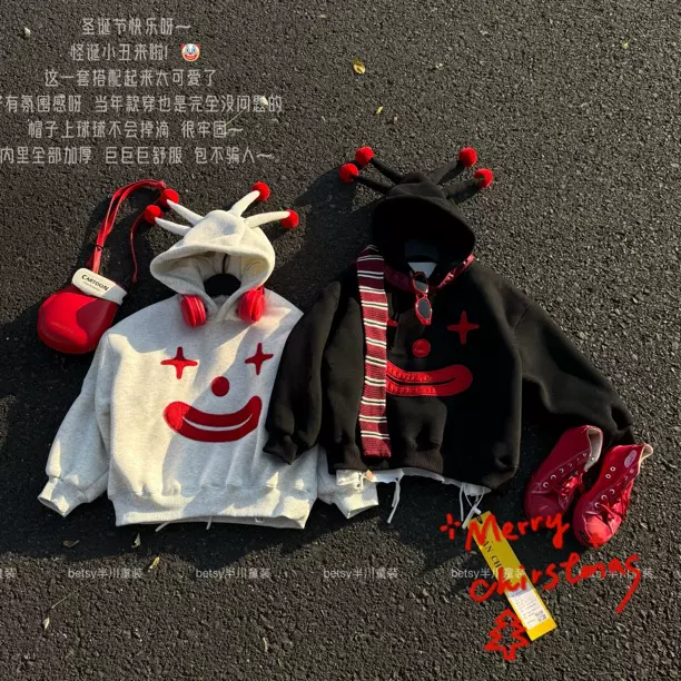 儿童卫衣2025冬季新怪诞小丑跨境加绒上衣男女童宽松时尚圣诞卫衣