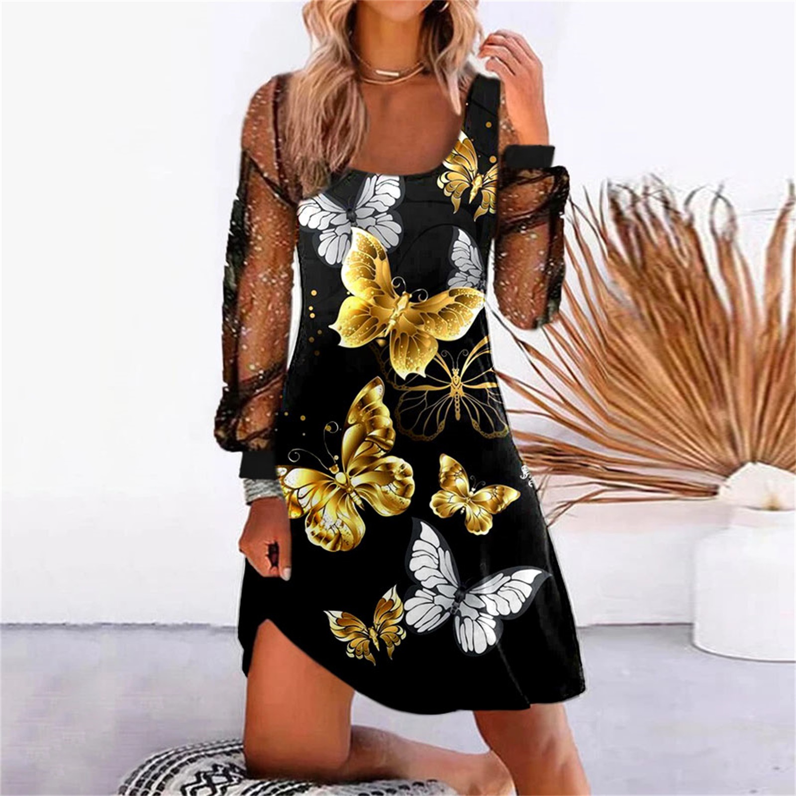 Women's long sleeve women's ironing drill round neck patchwork lace vest long dress_voghion.com