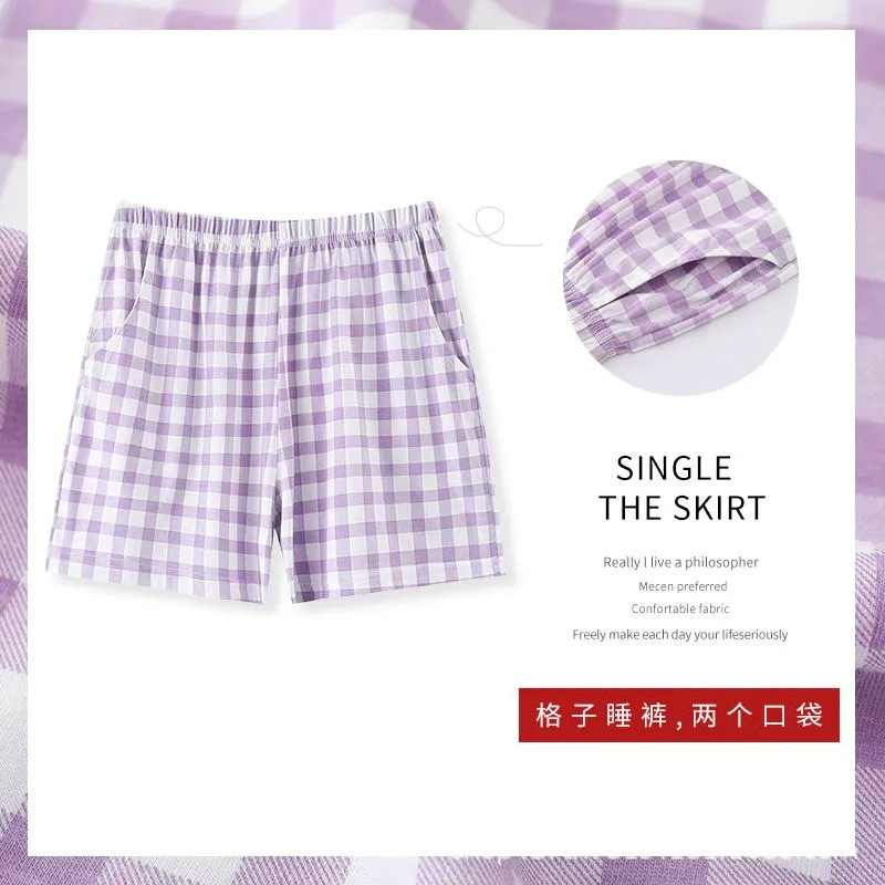 Summer Women's Cotton Plaid Shorts Pajama Pants Loose plus size Simple Casual Outer Wearing Thin Walking Pants