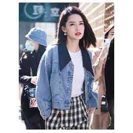 清货2021李沁明星同款短外套女春新款百搭法式尖领拼接牛仔外套潮