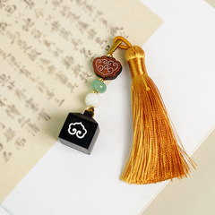 Creative Ebony Wood Pendant with Silver-Inlaid Square, Mini Carved Seal—Featuring Bloodwood Accents and Auspicious Cloud Motifs in an Ancient Style