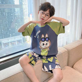 夏季薄款空调服小男孩男童睡衣套装中大童儿童卡通短袖家居服短款