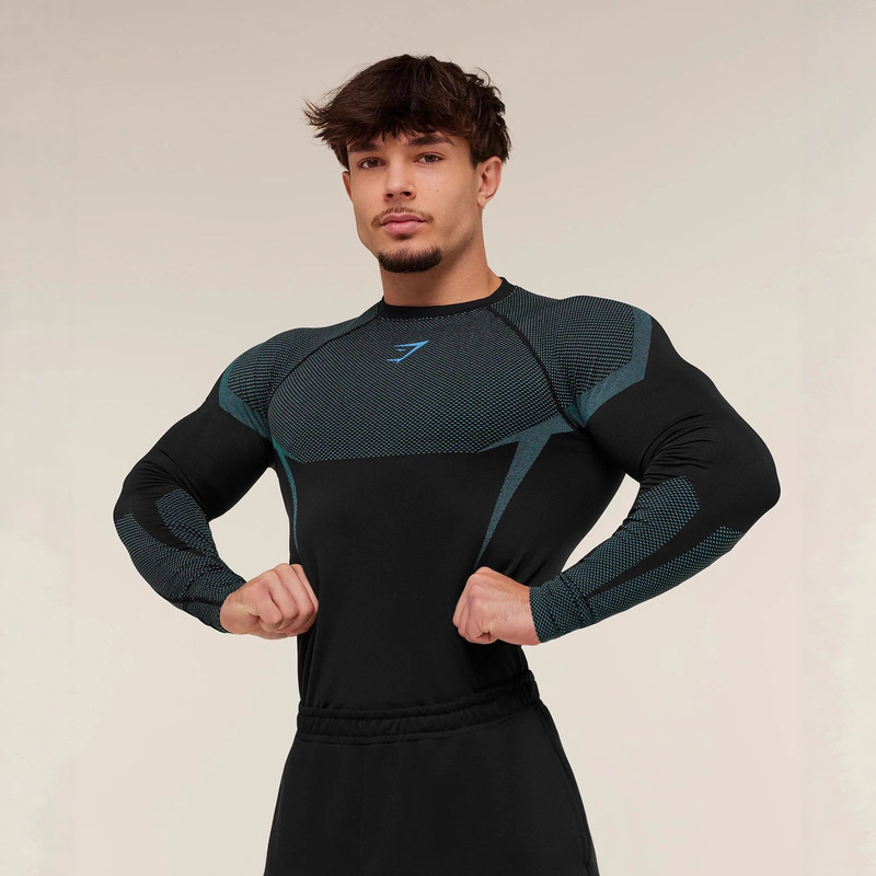 Gymshark Men's Long-Sleeved Sports Fitness Quick-Drying Breathable Elastic Round Neck Long-Sleeved t Casual Tight Training Clothes
