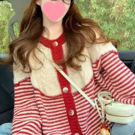 大码条纹毛衣外套女新款秋冬加厚软糯复古宽松小个子针织开衫