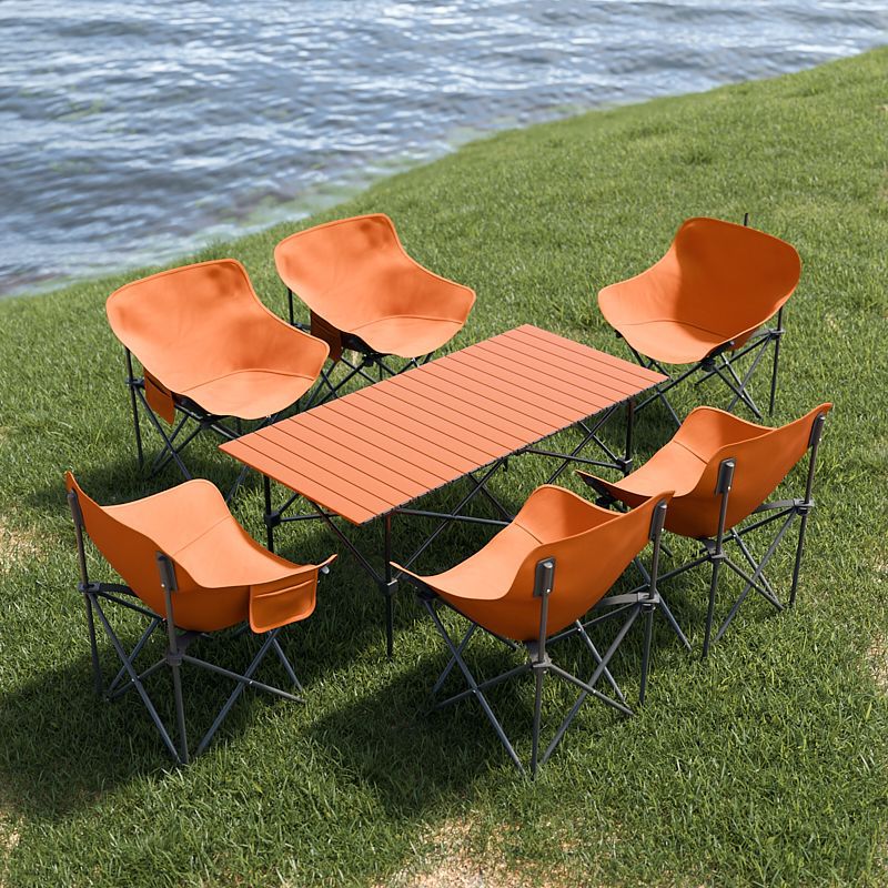 2025 업그레이드 강화모델 + 휴대용 수납벨트 - 오렌지 [120*55*50cm 긴 테이블] + 오렌지 의자 6개