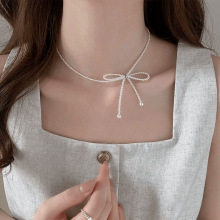 韩国气质甜美白色串珠长款流苏蝴蝶结珍珠项链少女百搭锁骨链颈链