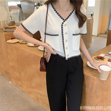 外搭薄款短款女上衣夏季2024新款小香风百搭修身v领短袖针织开衫