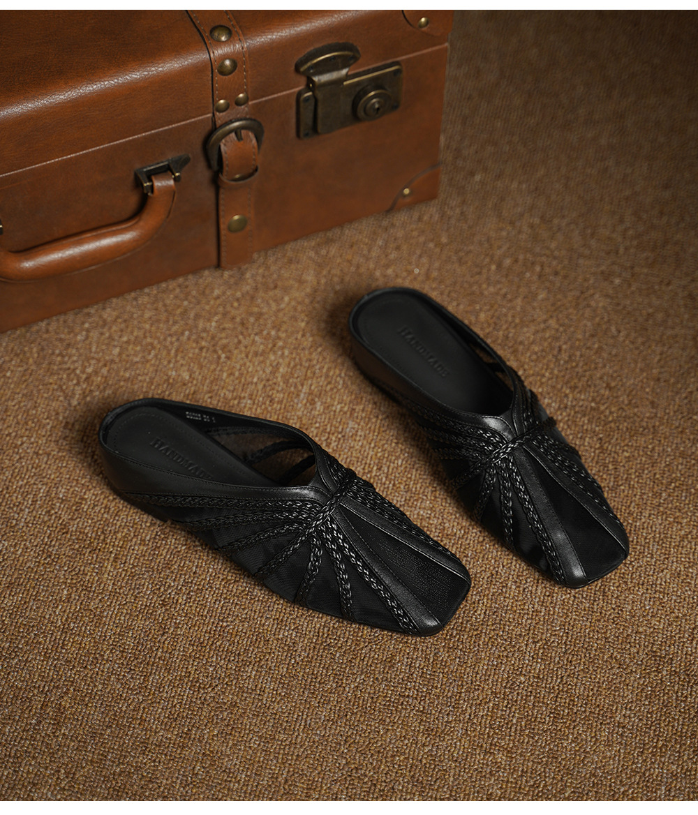Dép sandal nữ mũi nhọn quai chữ V đế xuồng cao 7 cm, chất liệu lưới ren họa tiết hoa — đen chi tiết 14