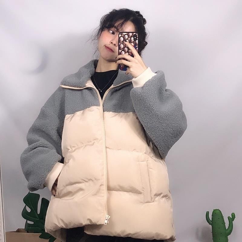Women's Patchwork Short Cotton Coat Winter Cotton Cocoon-Shaped Cotton Jacket Student Loose Puffy Coat