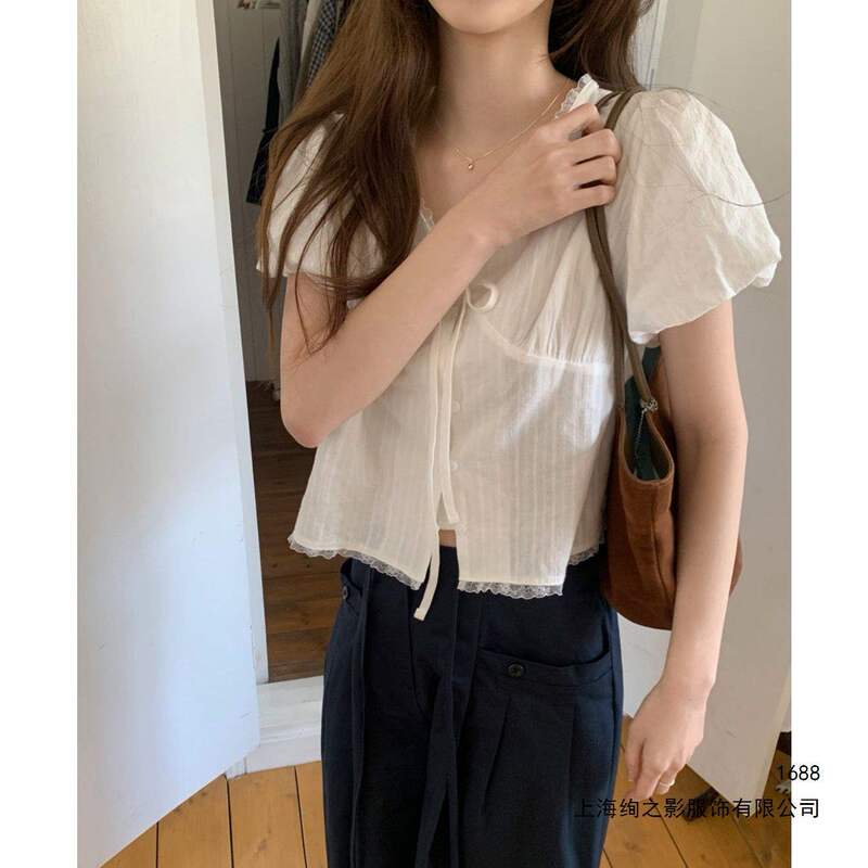 Lace-Trimmed Puff Sleeve Top, Original French Sweet Style Shirt for Women, White Off-Shoulder, High Elasticity