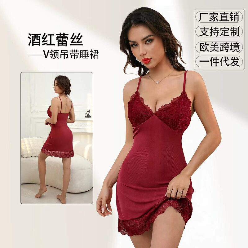 Summer Women's Dress, Suspender Nightgown, New Style, Glittery, Sexy and Elegant, Red Lace Splicing Home Wear Summer Women's Dress, Suspender Nightgown, New Style, Glittery, Sexy and Elegant, Red Lace Splicing Home Wear