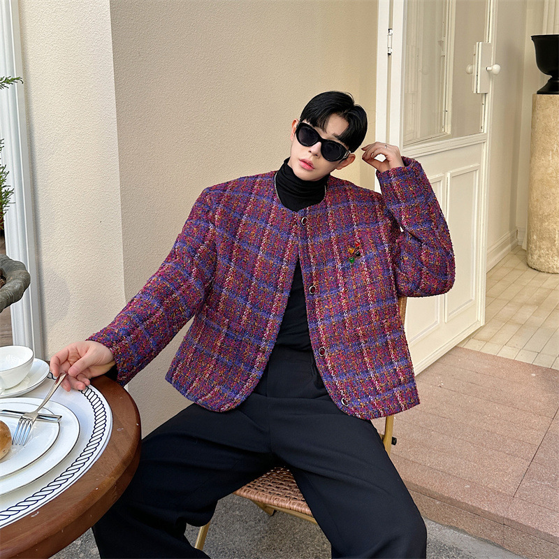 Tweed Style Retro Round Neck Purple Tweed Jacket for Men and Women with Metal Heart Decoration 5185