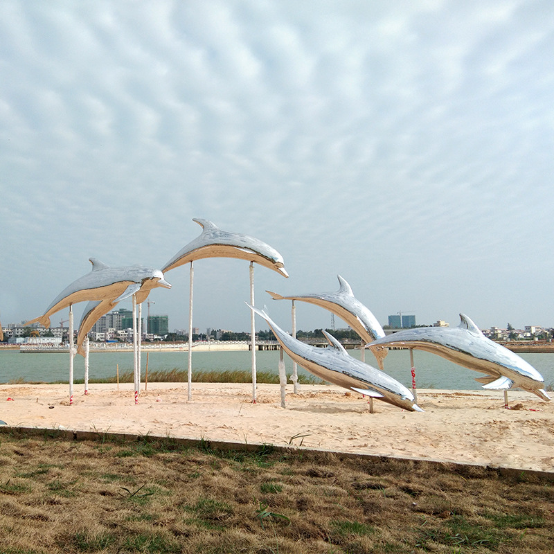 定制大型户外不锈钢景观雕塑  艺术装置 海豚动物镜面水景雕塑