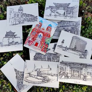天津手绘摄影明信片地图旅游纪念品出差城市风景本心如荷文创-阿里巴巴