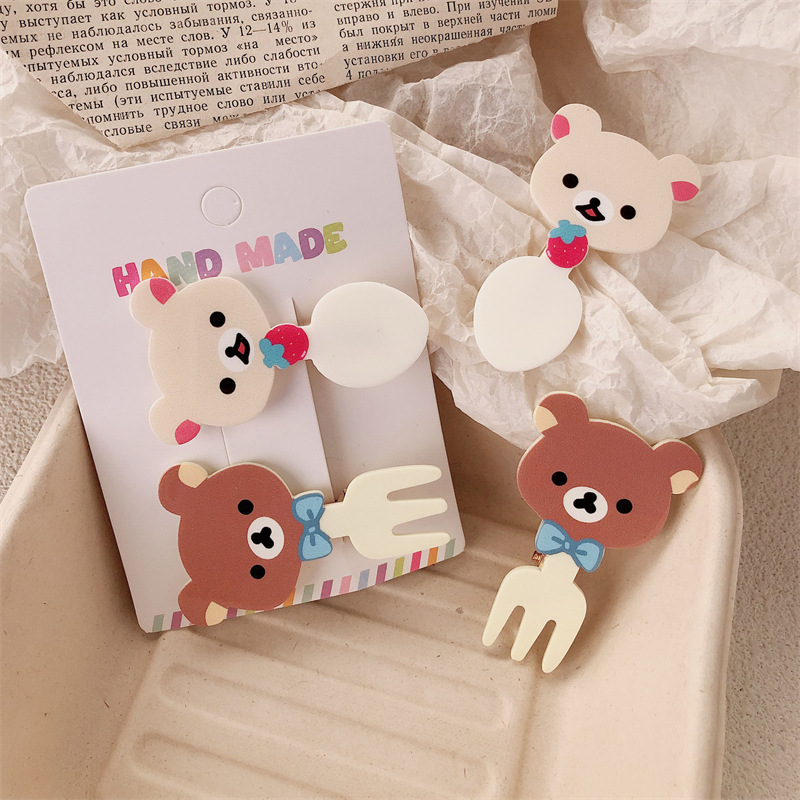 Hermoso tenedor osos pinzas de cabello cuchara de corazón de niña oso pinza de boca de pato creativo viento caricatura para mujeres pinzas de cabello al por mayor