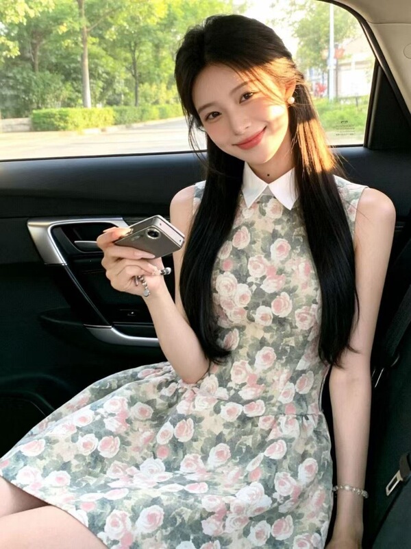 Rose Floral Sleeveless Shirt Dress 2026 Summer New Oil Painting Style Puffy Waist-Cinching Tank Top Short Dress