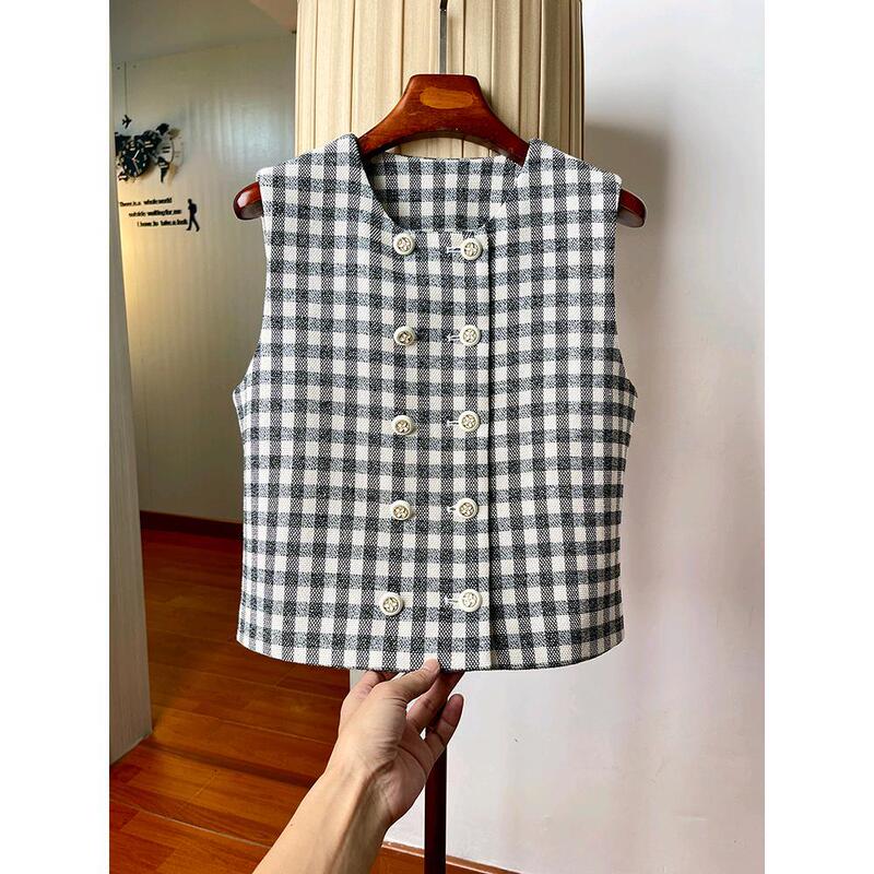 Single wear inside can be! British Style Plaid Double-Breasted Slim-Fit Vest Women's Spring and Autumn Western Style Short Waistcoat