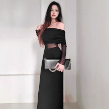 刘雯同款一字肩褶皱长袖连衣裙2024女秋季欧美风性感法式气质长裙