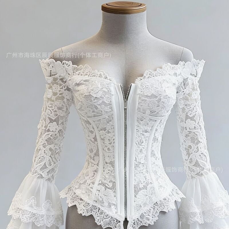 Women's Spring/Summer Gothic Style Lace Patchwork Off-Shoulder Top with Front Zipper and Asymmetrical Hem Design, Long Sleeve Women's Spring/Summer Gothic Style Lace Patchwork Off-Shoulder Top with Front Zipper and Asymmetrical Hem Design, Long Sleeve