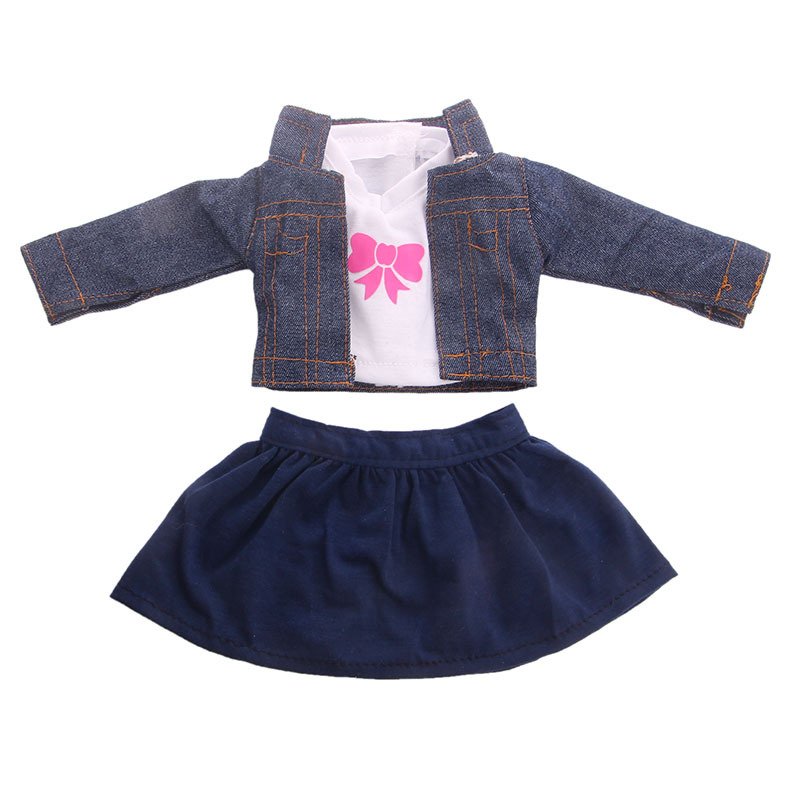 18 pulgadas American Girl muñeca accesorios ropa Denim + Camiseta + falda conjunto de tres piezas Comercio exterior al por mayor fábrica pelo recto