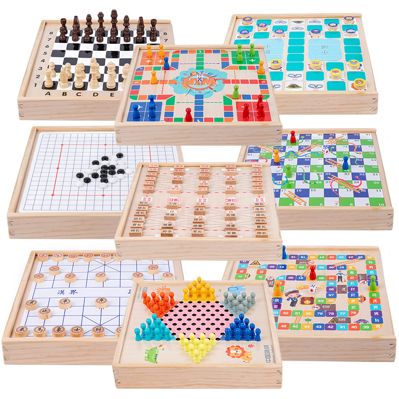 De madera todo-en-uno damas volando ajedrez gobang bestia juego de ajedrez multifunción ajedrez niños estudiante juguetes educativos