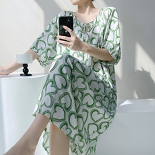 睡裙女春夏季棉绸宽松大码中老年妈妈款国风家居服可外穿绵绸睡衣