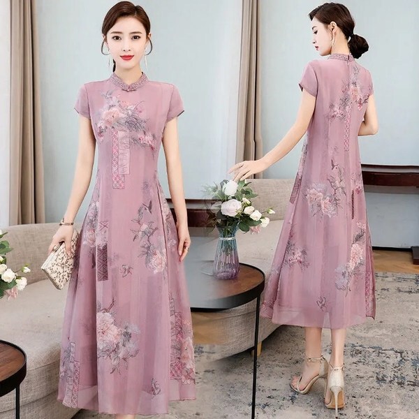 High-end Improved Cheongsam dress Women's Summer Slim-fit Kei Wrap Skirt New Style Chinese Style Short-sleeved Skirt for Summer