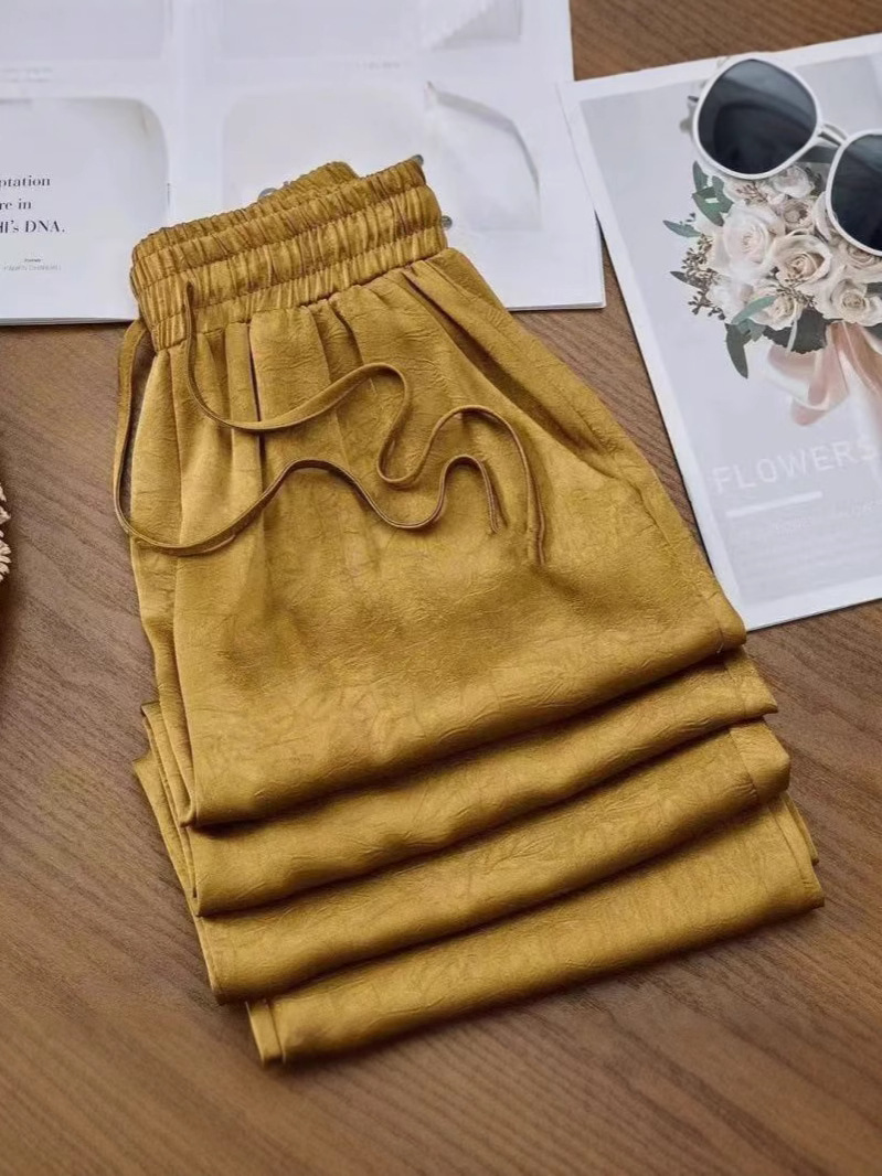 Pantalones anchos de satén de ácido acético chino de estilo fino de verano para mujer, pantalones casuales de cintura alta sueltos rectos 2025 explosivos