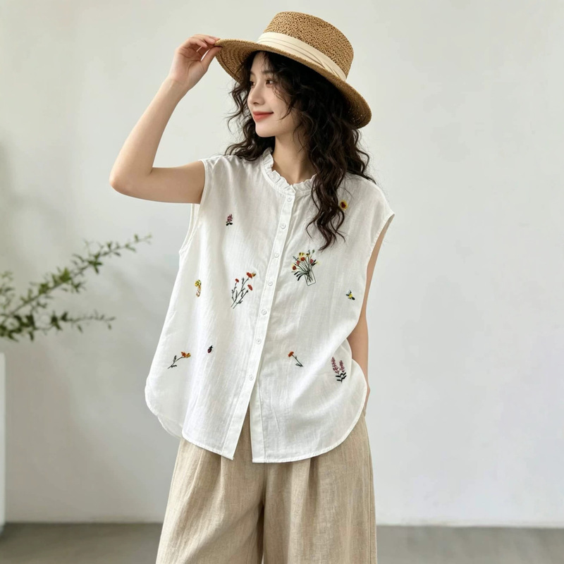 2026 Summer New Style Simple Floral Embroidery Crochet Double Yarn Shirt Loose Round Neck Cardigan Inner Top for Women
