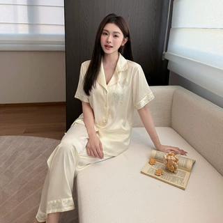 轻奢款冰丝睡衣女春季薄款短袖长裤卡通套装网红大码可外穿家居服