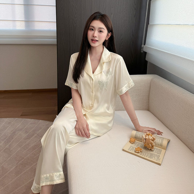 轻奢款冰丝睡衣女春季薄款短袖长裤卡通套装网红大码可外穿家居服