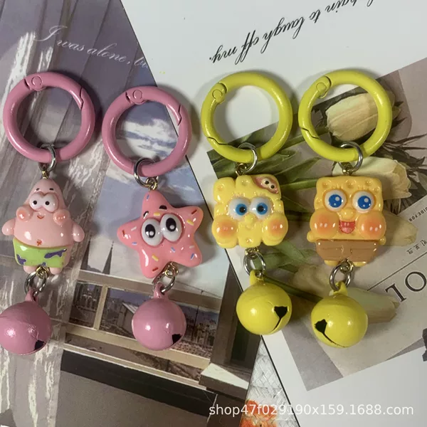 New Cartoon Medium Spongebob Pie Star Keychain Bell Resin Pendant Girls Bag Accessories Gift