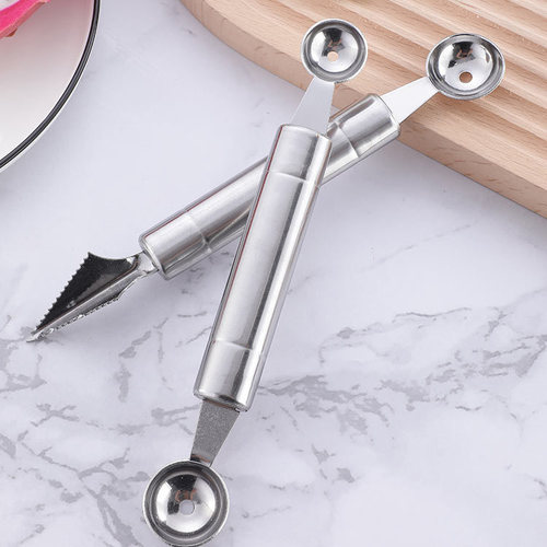 Wholesale factory carved flower knives, two-sided watermelon fruit meat spoons, stainless steel fruit ball scoops, kitchen small tools