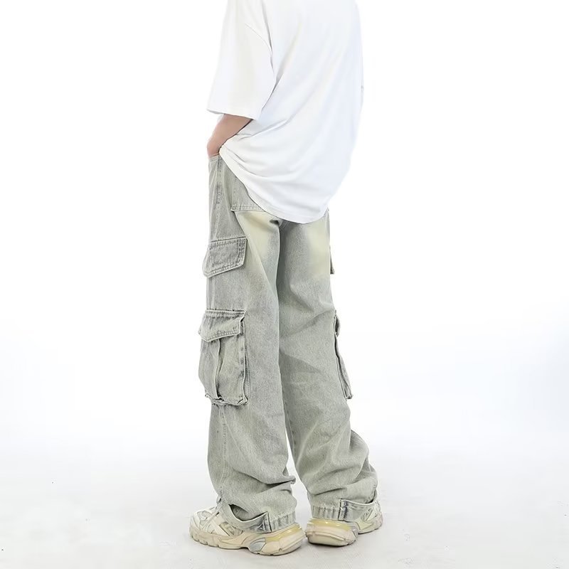 Jeans cargo multitasche stile retrò americano da uomo, pantaloni lunghi lavati vintage, stile streetwear pesante_voghion.com