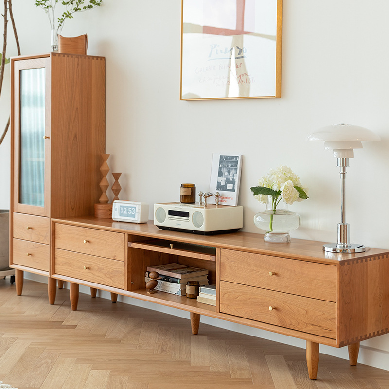 Nordic solid wood tea table TV cabinet combination Japanese style storage cabinet cherry wood living room furniture simple small apartment cabinet