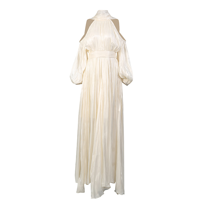 Elegant Socialite Style Women's Dress off Shoulder Halter Neck Long Sleeve Slim Fit Evening Gown for Spring 2026_ecoleips.com