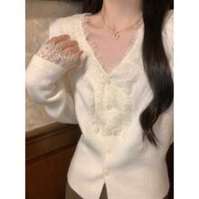 实拍 秋冬韩版气质温柔蕾丝拼接羊毛混坊v领长袖针织开衫毛衣外套