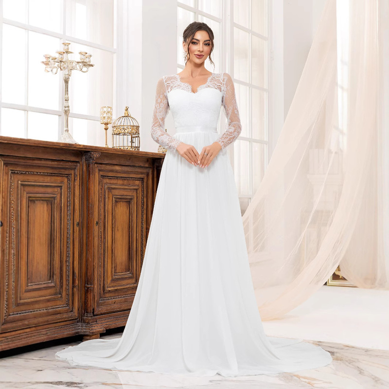 Foreign trade wedding dress dress hot Amazon new seven sleeve lace long waist noble dress dress Foreign trade wedding dress dress hot Amazon new seven sleeve lace long waist noble dress dress