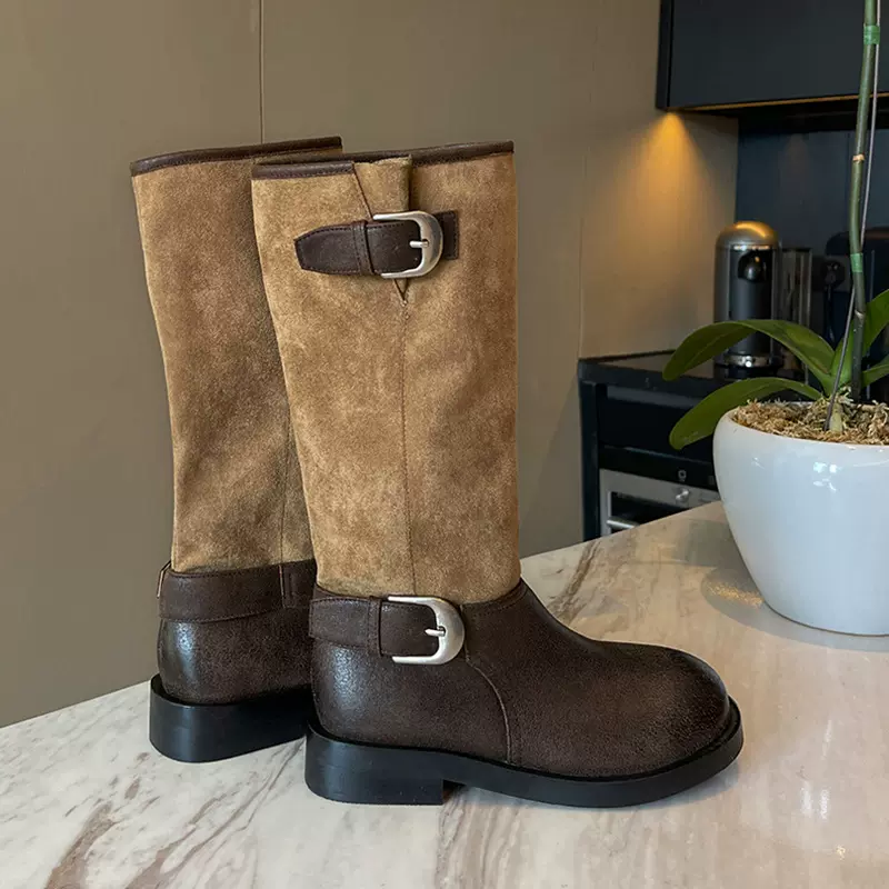 真皮游牧风长筒靴女不过膝秋季粗跟圆头西部靴子褶皱堆堆靴骑士靴